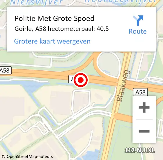 Locatie op kaart van de 112 melding: Politie Met Grote Spoed Naar Goirle, A58 hectometerpaal: 40,5 op 29 oktober 2024 14:25