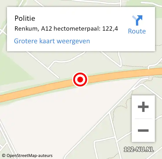 Locatie op kaart van de 112 melding: Politie Renkum, A12 hectometerpaal: 122,4 op 29 oktober 2024 15:37