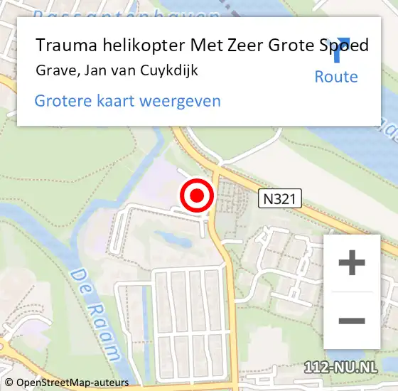 Locatie op kaart van de 112 melding: Trauma helikopter Met Zeer Grote Spoed Naar Grave, Jan van Cuykdijk op 29 oktober 2024 15:38