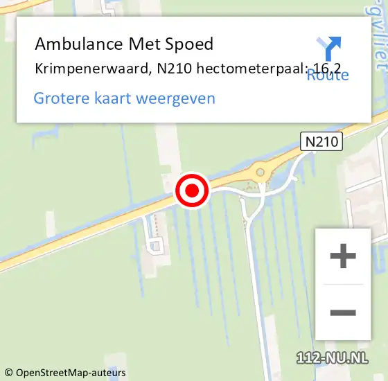 Locatie op kaart van de 112 melding: Ambulance Met Spoed Naar Krimpenerwaard, N210 hectometerpaal: 16,2 op 29 oktober 2024 15:39