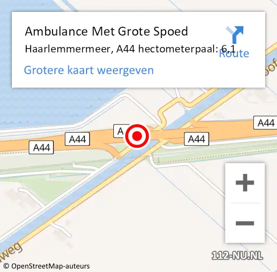 Locatie op kaart van de 112 melding: Ambulance Met Grote Spoed Naar Haarlemmermeer, A44 hectometerpaal: 6,1 op 29 oktober 2024 15:52