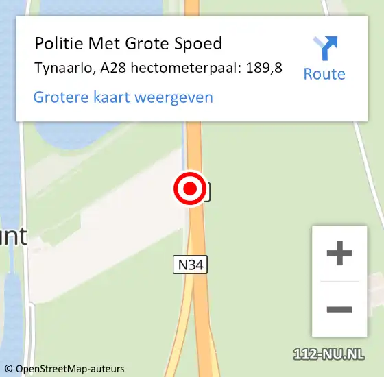 Locatie op kaart van de 112 melding: Politie Met Grote Spoed Naar Tynaarlo, A28 hectometerpaal: 189,8 op 29 oktober 2024 17:24