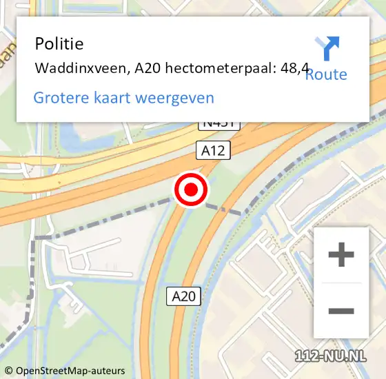 Locatie op kaart van de 112 melding: Politie Waddinxveen, A20 hectometerpaal: 48,4 op 29 oktober 2024 17:45