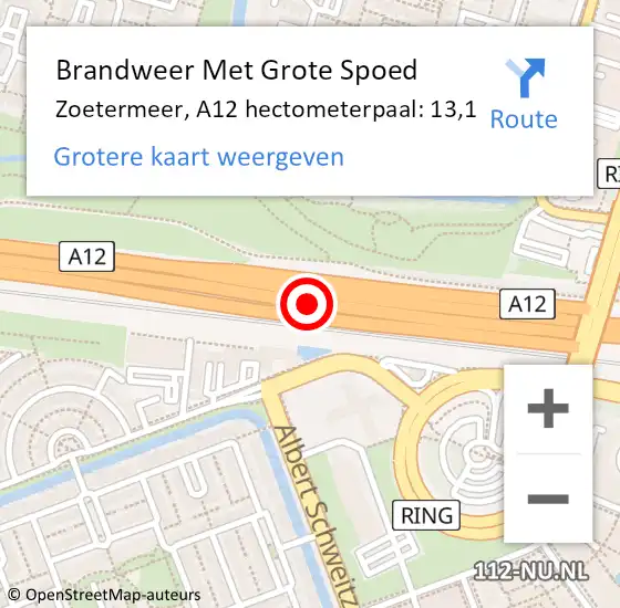 Locatie op kaart van de 112 melding: Brandweer Met Grote Spoed Naar Zoetermeer, A12 hectometerpaal: 13,1 op 29 oktober 2024 18:00