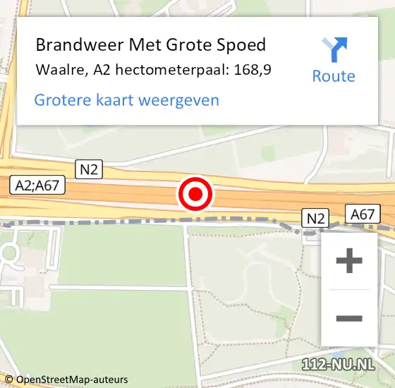 Locatie op kaart van de 112 melding: Brandweer Met Grote Spoed Naar Waalre, A2 hectometerpaal: 168,9 op 29 oktober 2024 18:01