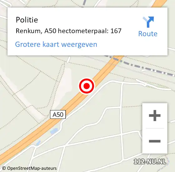 Locatie op kaart van de 112 melding: Politie Renkum, A50 hectometerpaal: 167 op 29 oktober 2024 18:02