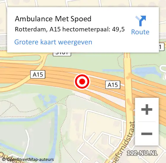 Locatie op kaart van de 112 melding: Ambulance Met Spoed Naar Rotterdam, A15 hectometerpaal: 49,5 op 29 oktober 2024 18:15