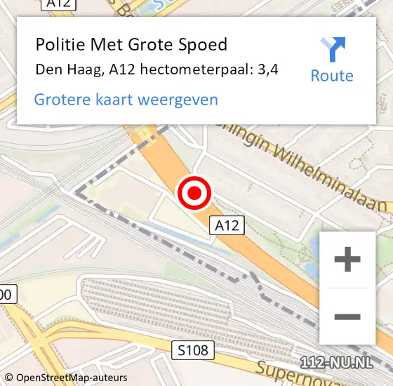 Locatie op kaart van de 112 melding: Politie Met Grote Spoed Naar Den Haag, A12 hectometerpaal: 3,4 op 29 oktober 2024 18:40