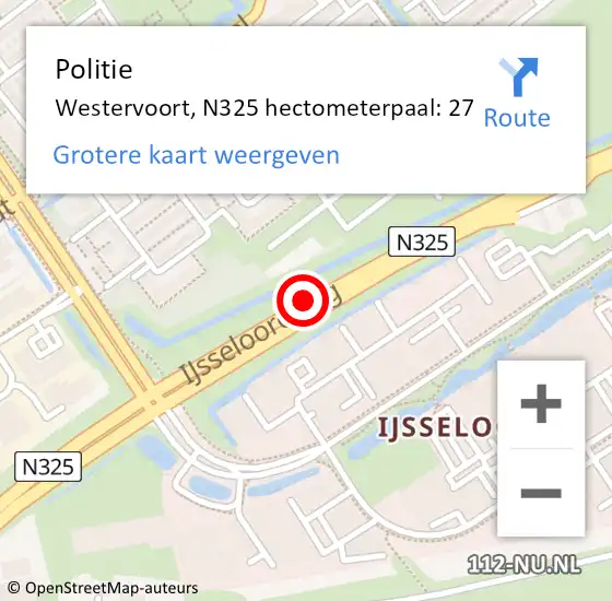 Locatie op kaart van de 112 melding: Politie Westervoort, N325 hectometerpaal: 27 op 29 oktober 2024 19:07