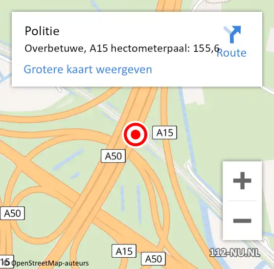 Locatie op kaart van de 112 melding: Politie Overbetuwe, A15 hectometerpaal: 155,6 op 29 oktober 2024 19:29