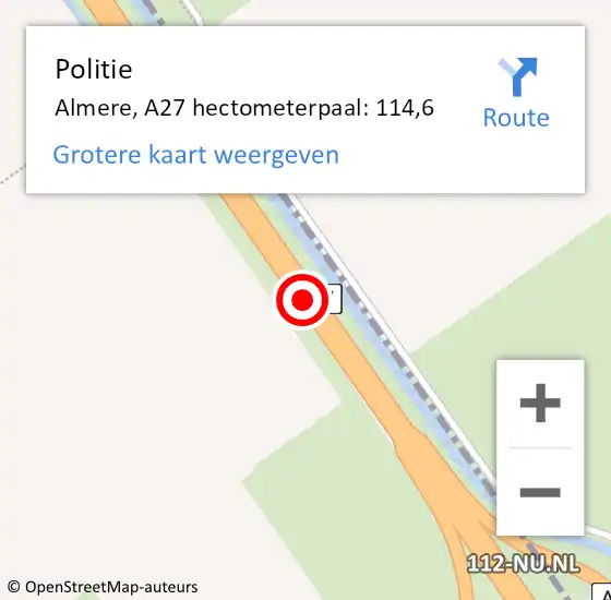 Locatie op kaart van de 112 melding: Politie Almere, A27 hectometerpaal: 114,6 op 29 oktober 2024 20:29