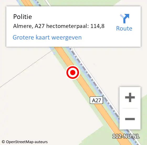 Locatie op kaart van de 112 melding: Politie Almere, A27 hectometerpaal: 114,8 op 29 oktober 2024 20:33