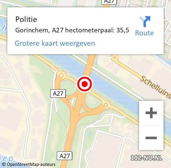 Locatie op kaart van de 112 melding: Politie Gorinchem, A27 hectometerpaal: 35,5 op 29 oktober 2024 21:49