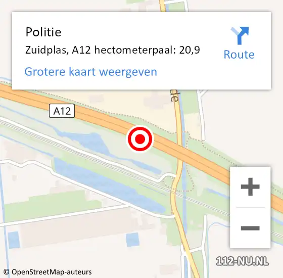 Locatie op kaart van de 112 melding: Politie Zuidplas, A12 hectometerpaal: 20,9 op 29 oktober 2024 23:30