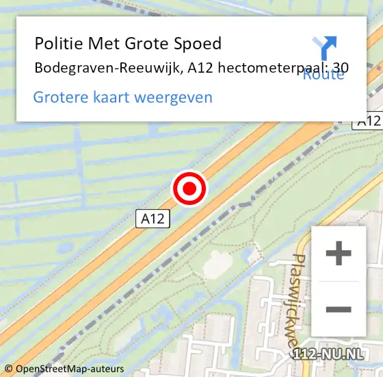 Locatie op kaart van de 112 melding: Politie Met Grote Spoed Naar Bodegraven-Reeuwijk, A12 hectometerpaal: 30 op 29 oktober 2024 23:45