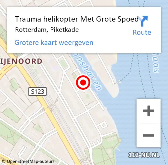 Locatie op kaart van de 112 melding: Trauma helikopter Met Grote Spoed Naar Rotterdam, Piketkade op 30 oktober 2024 01:10