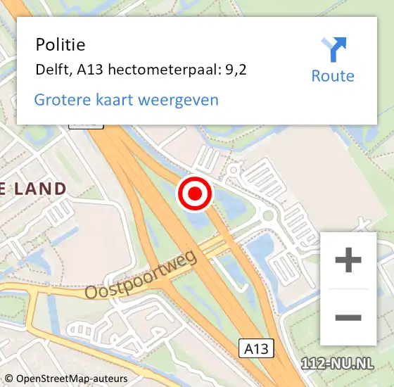 Locatie op kaart van de 112 melding: Politie Delft, A13 hectometerpaal: 9,2 op 30 oktober 2024 03:41