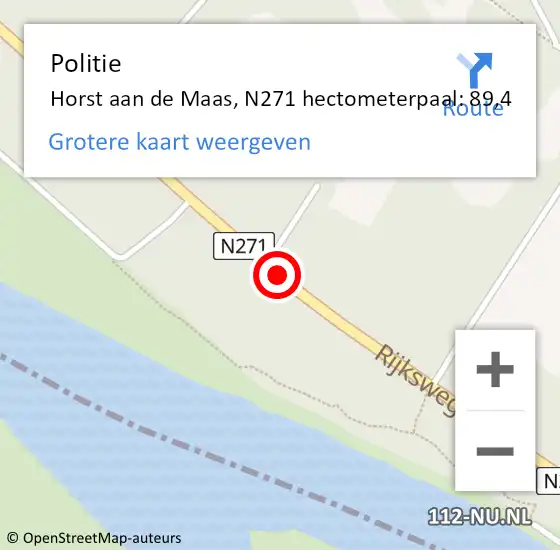 Locatie op kaart van de 112 melding: Politie Bergen, N271 hectometerpaal: 89,4 op 30 oktober 2024 04:53