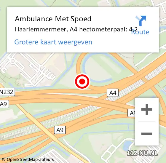 Locatie op kaart van de 112 melding: Ambulance Met Spoed Naar Haarlemmermeer, A4 hectometerpaal: 4,2 op 30 oktober 2024 06:02