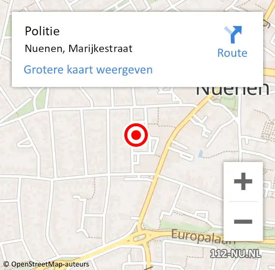 Locatie op kaart van de 112 melding: Politie Nuenen, Marijkestraat op 30 oktober 2024 07:39