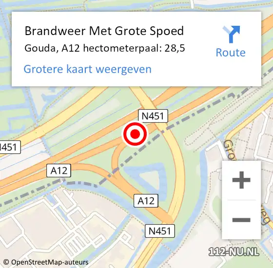 Locatie op kaart van de 112 melding: Brandweer Met Grote Spoed Naar Gouda, A12 hectometerpaal: 28,5 op 30 oktober 2024 08:48