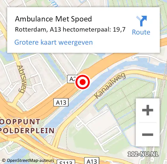 Locatie op kaart van de 112 melding: Ambulance Met Spoed Naar Rotterdam, A13 hectometerpaal: 19,7 op 30 oktober 2024 08:56