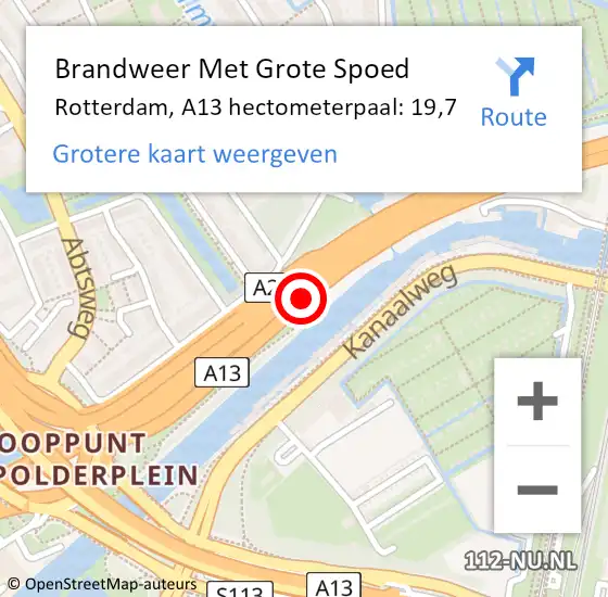 Locatie op kaart van de 112 melding: Brandweer Met Grote Spoed Naar Rotterdam, A13 hectometerpaal: 19,7 op 30 oktober 2024 08:58