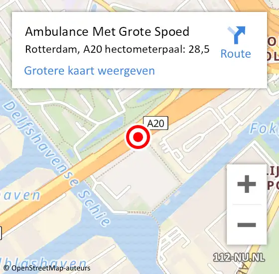 Locatie op kaart van de 112 melding: Ambulance Met Grote Spoed Naar Schiedam, A20 hectometerpaal: 28,5 op 30 oktober 2024 09:06