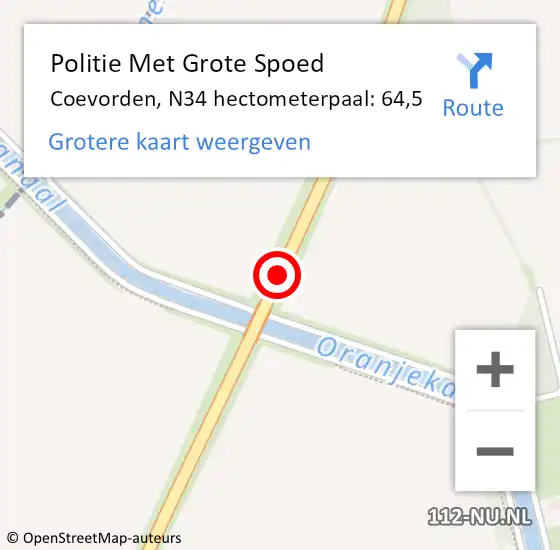 Locatie op kaart van de 112 melding: Politie Met Grote Spoed Naar Coevorden, N34 hectometerpaal: 64,5 op 30 oktober 2024 10:23