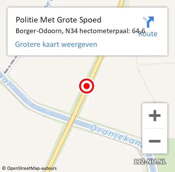 Locatie op kaart van de 112 melding: Politie Met Grote Spoed Naar Borger-Odoorn, N34 hectometerpaal: 64,6 op 30 oktober 2024 10:26