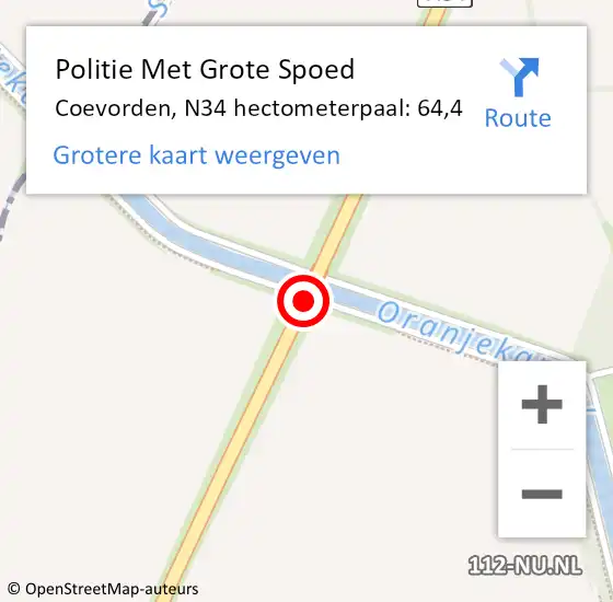 Locatie op kaart van de 112 melding: Politie Met Grote Spoed Naar Coevorden, N34 hectometerpaal: 64,4 op 30 oktober 2024 10:26