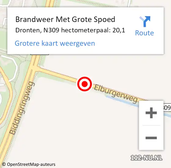 Locatie op kaart van de 112 melding: Brandweer Met Grote Spoed Naar Dronten, N309 hectometerpaal: 20,1 op 30 oktober 2024 10:50