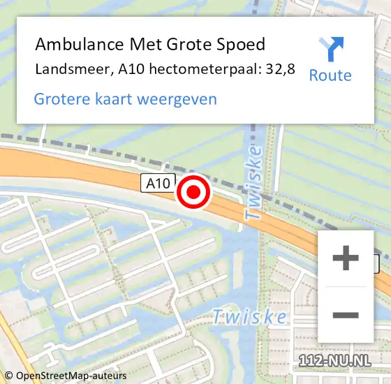 Locatie op kaart van de 112 melding: Ambulance Met Grote Spoed Naar Landsmeer, A10 hectometerpaal: 32,8 op 30 oktober 2024 12:40