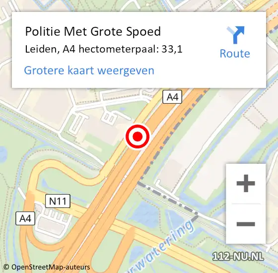 Locatie op kaart van de 112 melding: Politie Met Grote Spoed Naar Leiden, A4 hectometerpaal: 33,1 op 30 oktober 2024 13:01