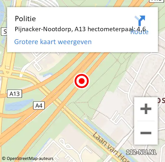 Locatie op kaart van de 112 melding: Politie Pijnacker-Nootdorp, A13 hectometerpaal: 4,6 op 30 oktober 2024 13:28