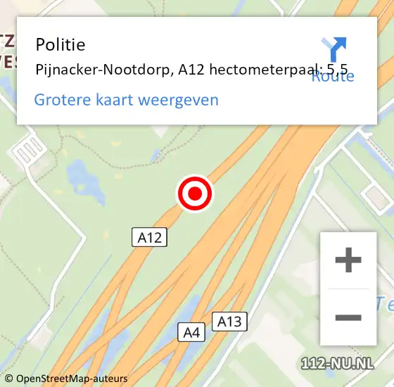 Locatie op kaart van de 112 melding: Politie Pijnacker-Nootdorp, A12 hectometerpaal: 5,5 op 30 oktober 2024 14:19