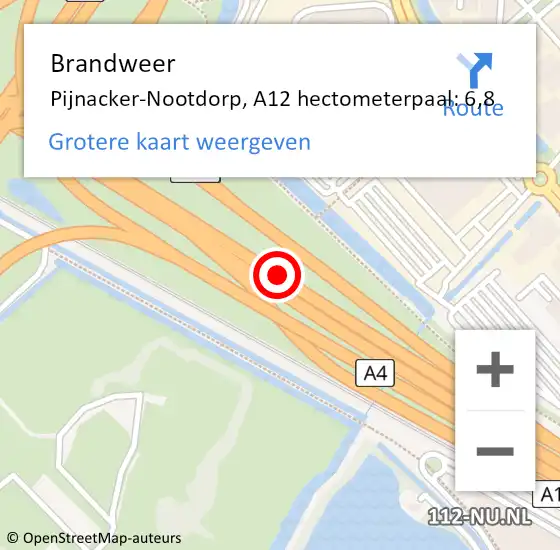 Locatie op kaart van de 112 melding: Brandweer Pijnacker-Nootdorp, A12 hectometerpaal: 6,8 op 30 oktober 2024 14:23