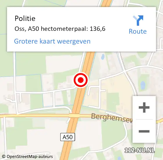 Locatie op kaart van de 112 melding: Politie Oss, A50 hectometerpaal: 136,6 op 30 oktober 2024 15:30