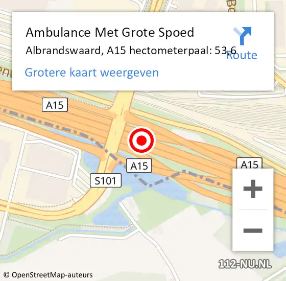 Locatie op kaart van de 112 melding: Ambulance Met Grote Spoed Naar Albrandswaard, A15 hectometerpaal: 53,6 op 30 oktober 2024 15:49