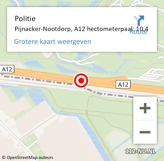 Locatie op kaart van de 112 melding: Politie Pijnacker-Nootdorp, A12 hectometerpaal: 10,4 op 30 oktober 2024 16:19