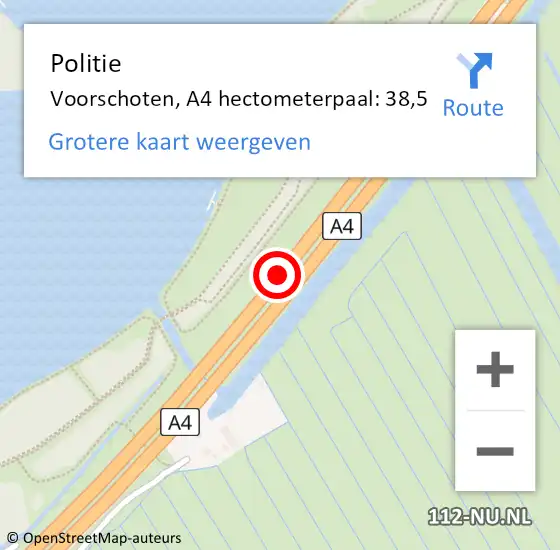 Locatie op kaart van de 112 melding: Politie Voorschoten, A4 hectometerpaal: 38,5 op 30 oktober 2024 17:00