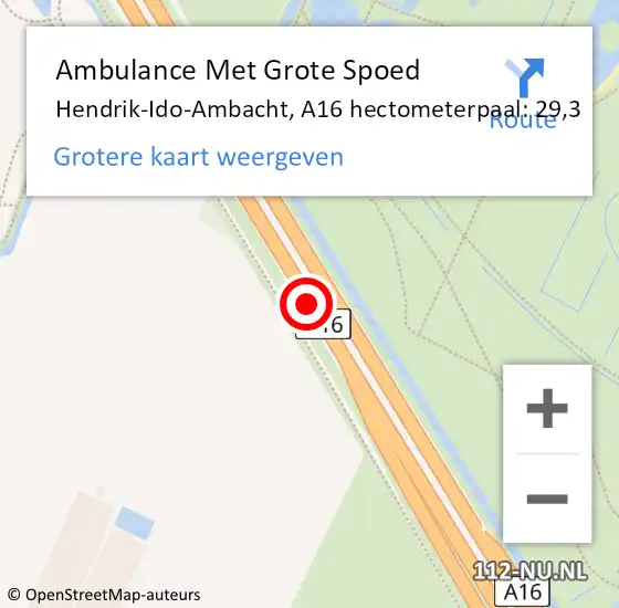 Locatie op kaart van de 112 melding: Ambulance Met Grote Spoed Naar Hendrik-Ido-Ambacht, A16 hectometerpaal: 29,3 op 30 oktober 2024 17:10