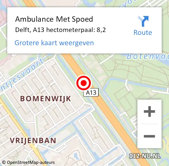 Locatie op kaart van de 112 melding: Ambulance Met Spoed Naar Delft, A13 hectometerpaal: 8,2 op 30 oktober 2024 17:18