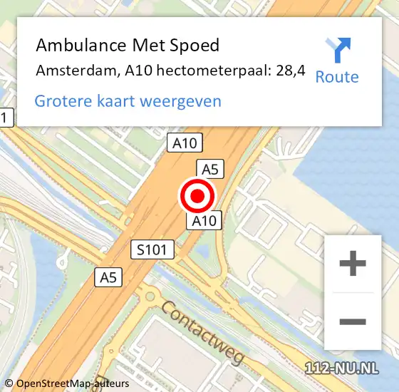 Locatie op kaart van de 112 melding: Ambulance Met Spoed Naar Amsterdam, A10 hectometerpaal: 28,4 op 30 oktober 2024 17:30