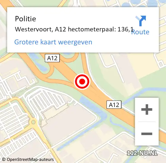 Locatie op kaart van de 112 melding: Politie Westervoort, A12 hectometerpaal: 136,1 op 30 oktober 2024 17:42