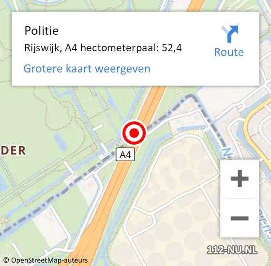 Locatie op kaart van de 112 melding: Politie Rijswijk, A4 hectometerpaal: 52,4 op 30 oktober 2024 17:53