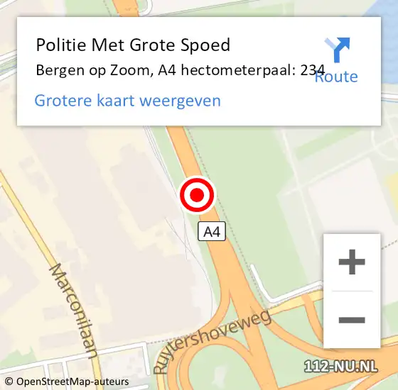 Locatie op kaart van de 112 melding: Politie Met Grote Spoed Naar Bergen op Zoom, A4 hectometerpaal: 234 op 30 oktober 2024 17:54