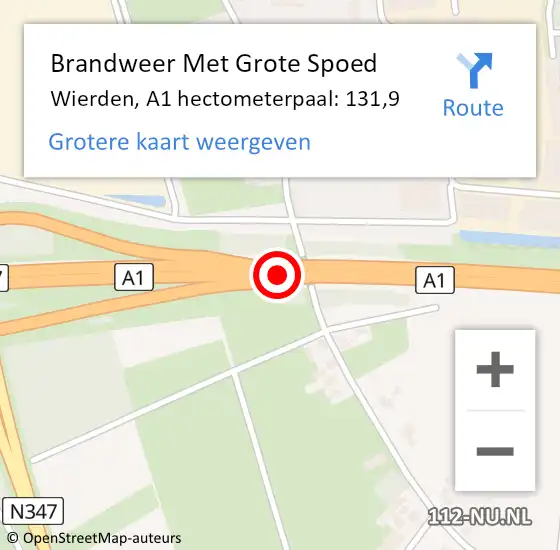 Locatie op kaart van de 112 melding: Brandweer Met Grote Spoed Naar Wierden, A1 hectometerpaal: 131,9 op 30 oktober 2024 18:38