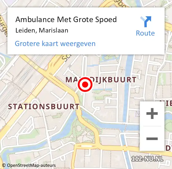 Locatie op kaart van de 112 melding: Ambulance Met Grote Spoed Naar Leiden, Marislaan op 30 oktober 2024 18:49