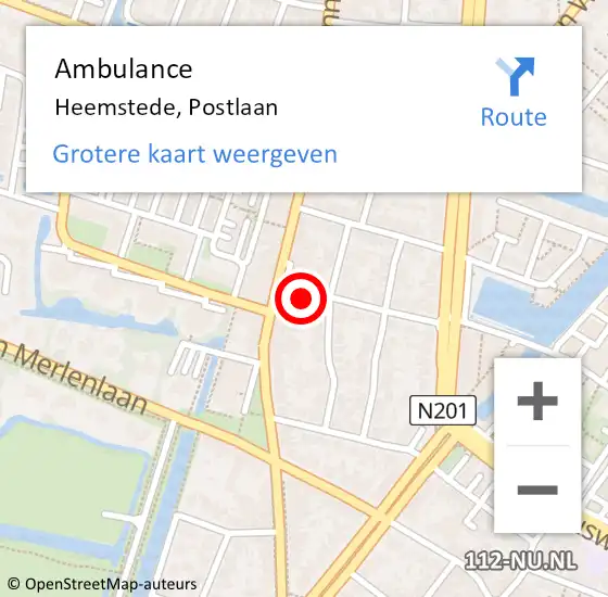 Locatie op kaart van de 112 melding: Ambulance Heemstede, Postlaan op 30 oktober 2024 20:20